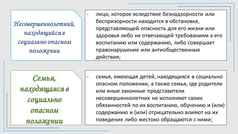 Несовершеннолетний, находящийся в социально опасном положении лицо, которое вследствие безнадзорности или беспризорности находится в обстановке, представляющей опасность для его жизни или здоровья либо не отвечающей…