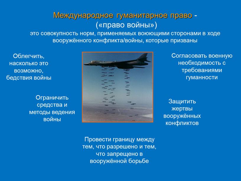 Международное гуманитарное право - («право войны») это совокупность норм, применяемых воюющими сторонами в ходе вооружённого конфликта/войны, которые призваны