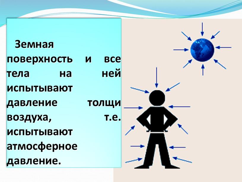 Земная поверхность и все тела на ней испытывают давление толщи воздуха, т