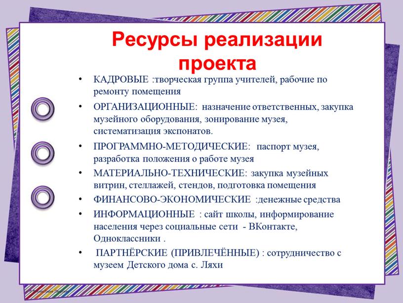 Ресурсы реализации проекта КАДРОВЫЕ :творческая группа учителей, рабочие по ремонту помещения