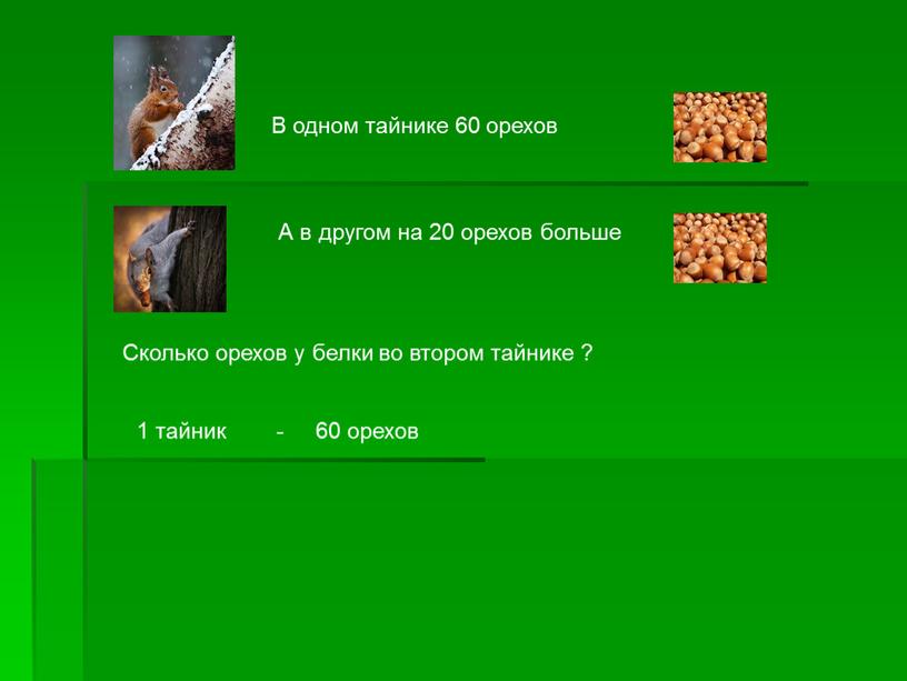 В одном тайнике 60 орехов А в другом на 20 орехов больше