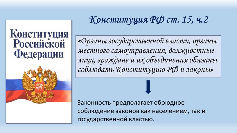 Конституция РФ ст. 15, ч.2 «Органы государственной власти, органы местного самоуправления, должностные лица, граждане и их объединения обязаны соблюдать