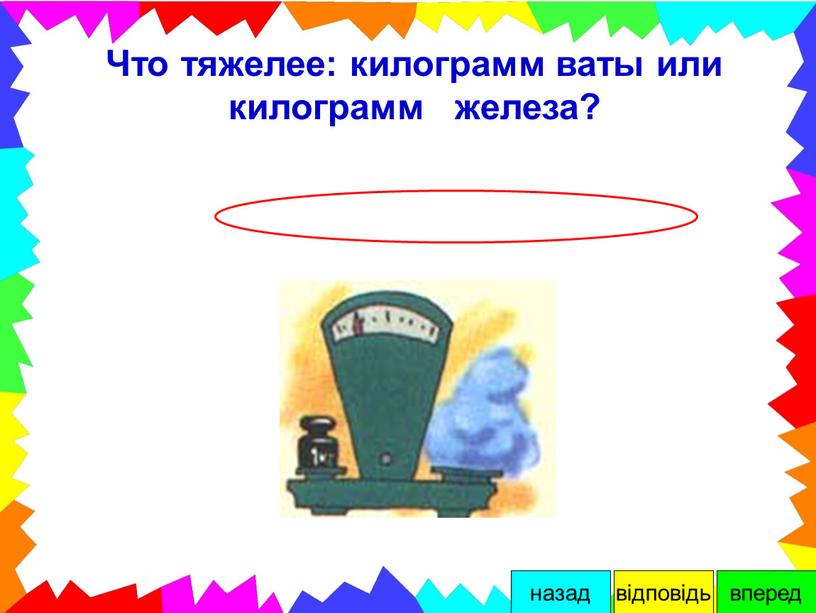 Что тяжелее: килограмм ваты или килограмм железа? вперед відповідь назад