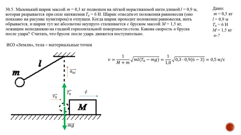 Маленький шарик массой m = 0,3 кг подвешен на лёгкой нерастяжимой нити длиной l = 0,9 м, которая разрывается при силе натяжения