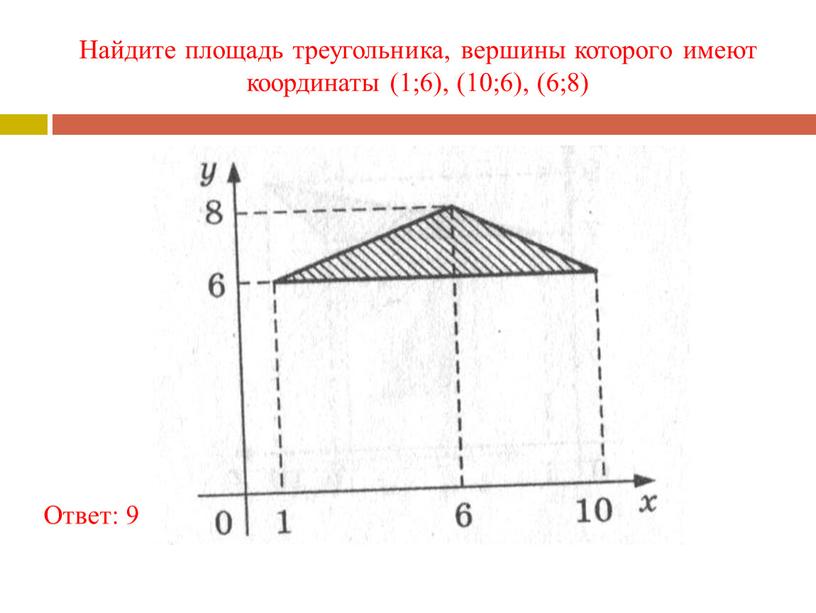 Найдите площадь треугольника, вершины которого имеют координаты (1;6), (10;6), (6;8)