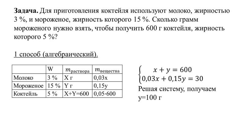 Задача. Для приготовления коктейля используют молоко, жирностью 3 %, и мороженое, жирность которого 15 %