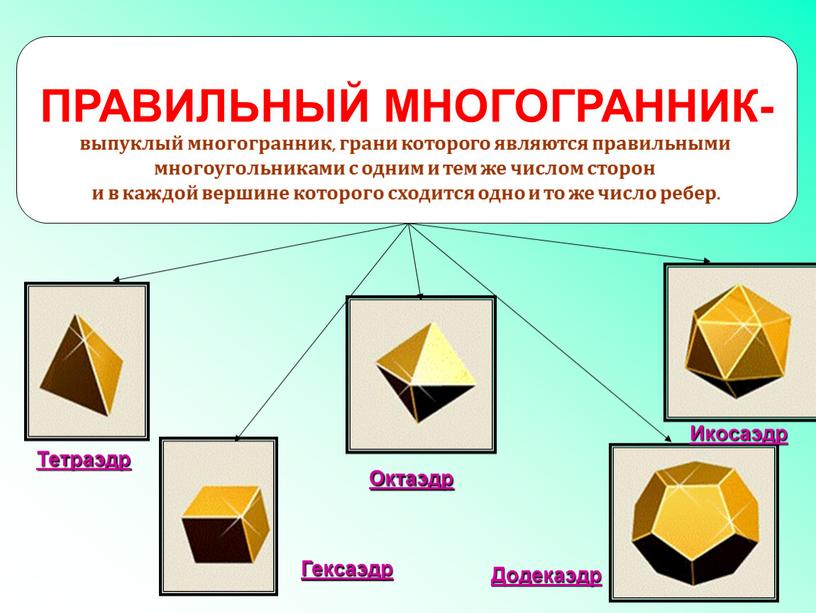 ПРАВИЛЬНЫЙ МНОГОГРАННИК- выпуклый многогранник, грани которого являются правильными многоугольниками с одним и тем же числом сторон и в каждой вершине которого сходится одно и то…