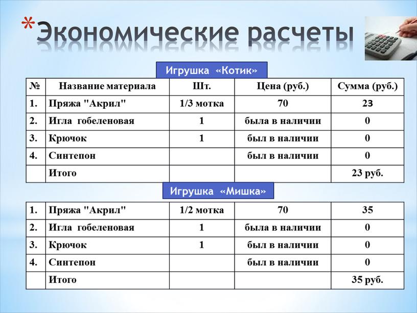 Экономические расчеты № Название материала