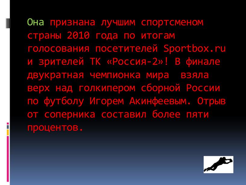 Она признана лучшим спортсменом страны 2010 года по итогам голосования посетителей