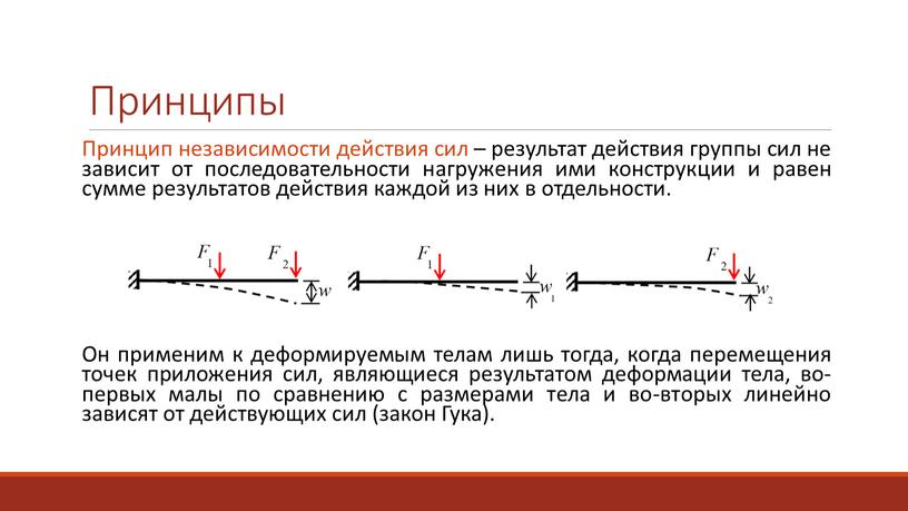 Принципы Принцип независимости действия сил – результат действия группы сил не зависит от последовательности нагружения ими конструкции и равен сумме результатов действия каждой из них…