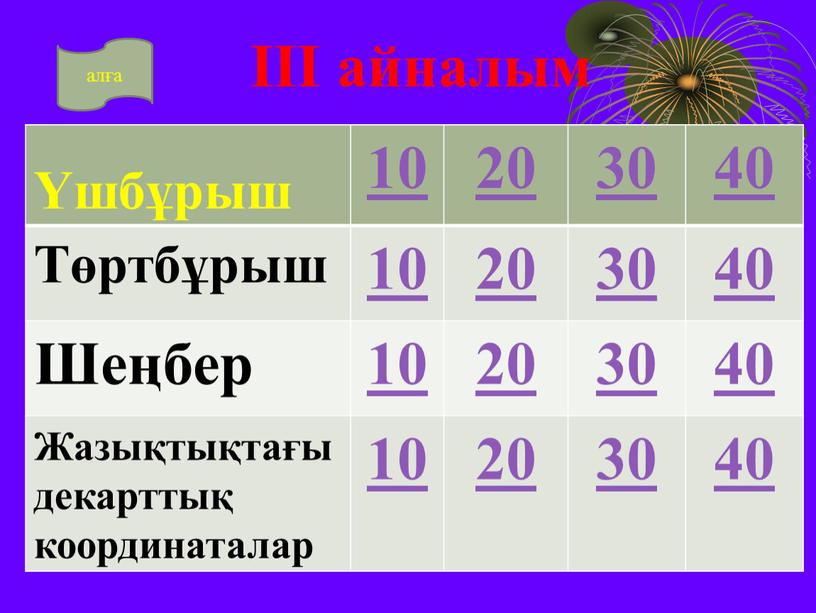 III айналым Үшбұрыш 10 20 30 40