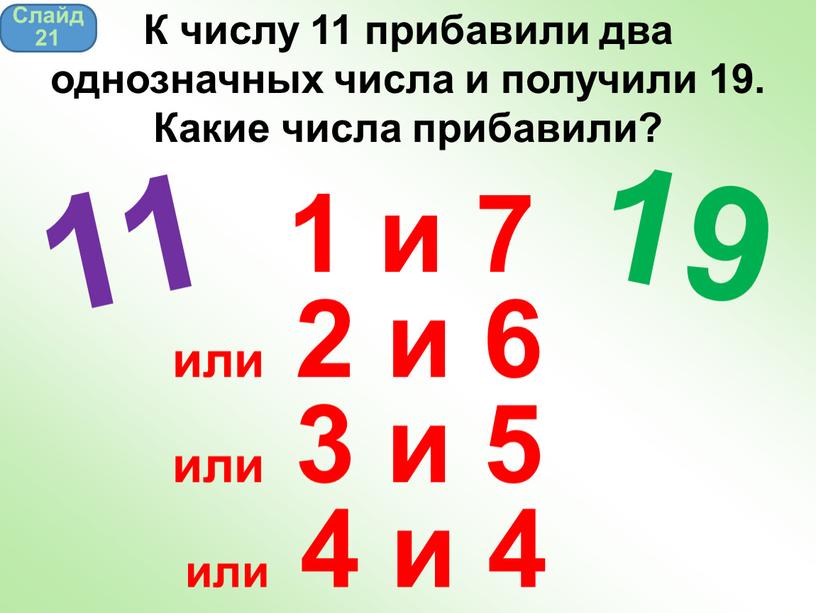 Слайд 21 К числу 11 прибавили два однозначных числа и получили 19