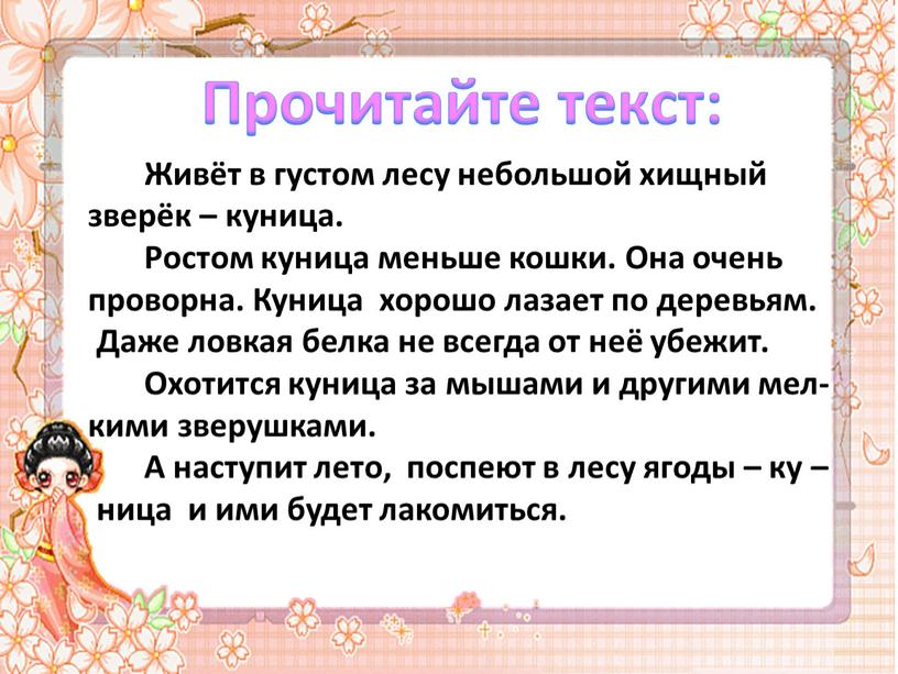 Живёт в густом лесу небольшой хищный зверёк – куница