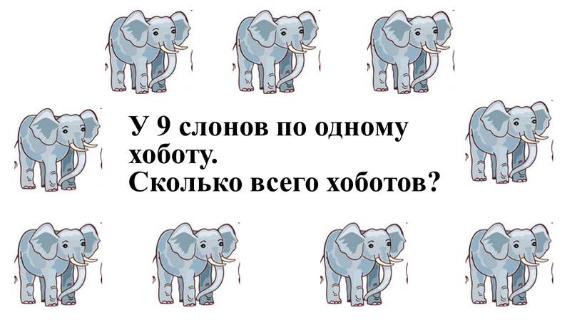 У 9 слонов по одному хоботу. Сколько всего хоботов?