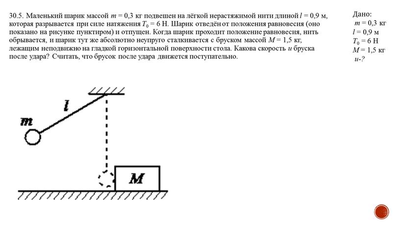 Маленький шарик массой m = 0,3 кг подвешен на лёгкой нерастяжимой нити длиной l = 0,9 м, которая разрывается при силе натяжения