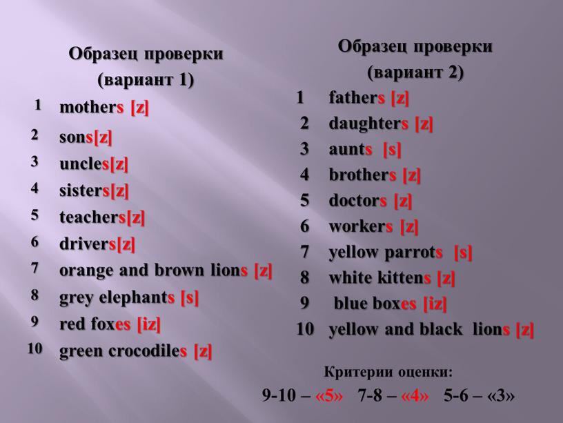 Образец проверки (вариант 1) 1 mothers [z] 2 sons[z] 3 uncles[z] 4 sisters[z] 5 teachers[z] 6 drivers[z] 7 orange and brown lions [z] 8 grey…