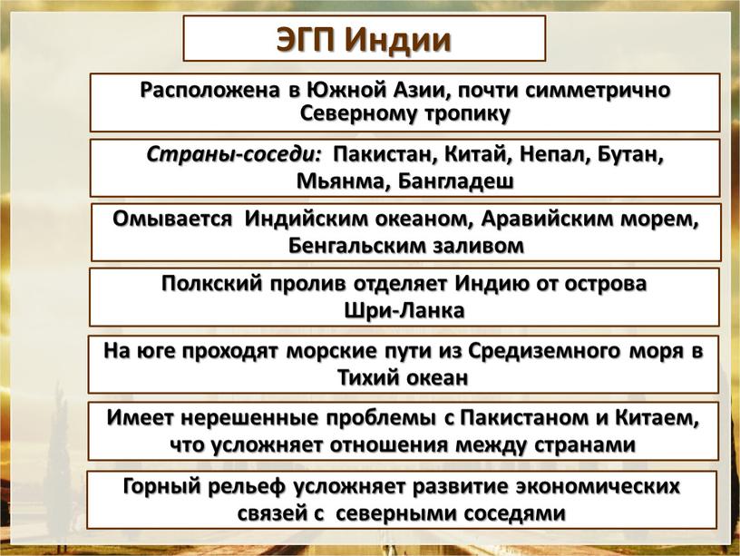 ЭГП Индии Расположена в Южной Азии, почти симметрично