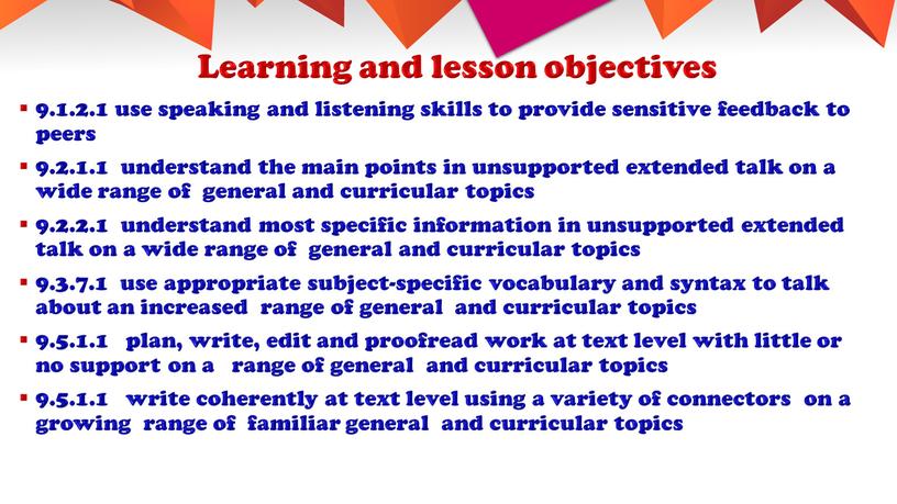 Learning and lesson objectives 9