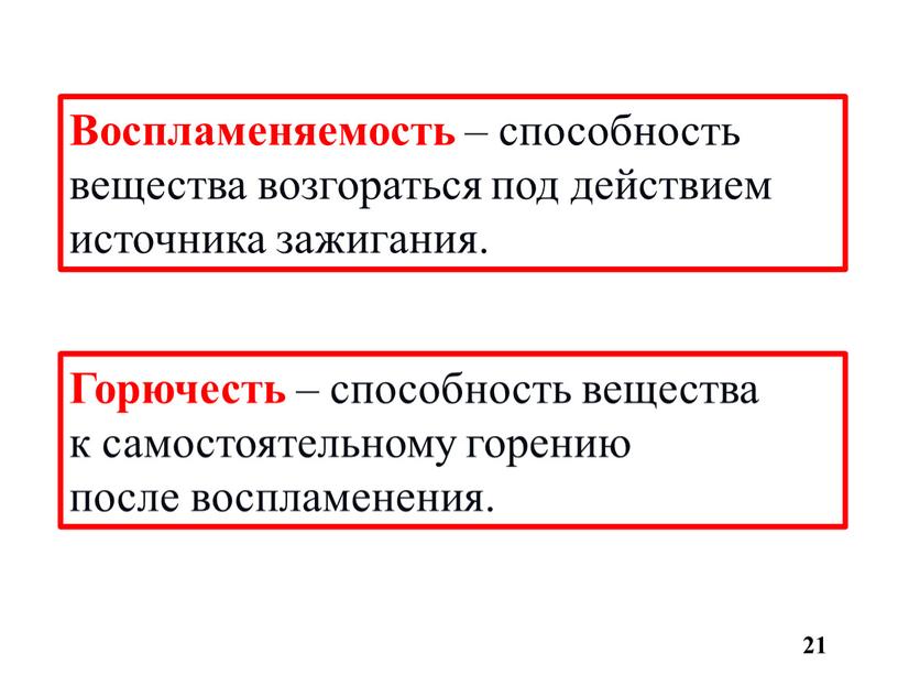 Горючесть – способность вещества к самостоятельному горению после воспламенения