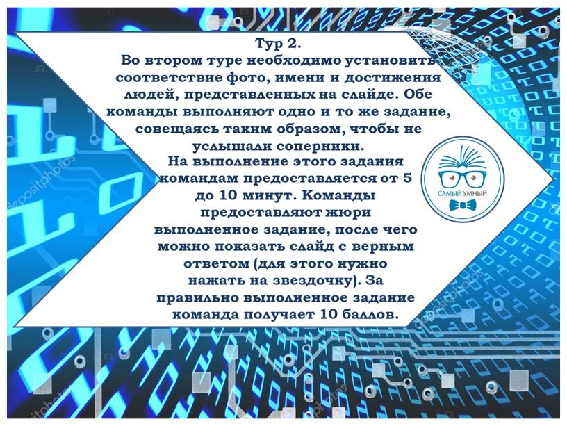 Тур 2. Во втором туре необходимо установить соответствие фото, имени и достижения людей, представленных на слайде