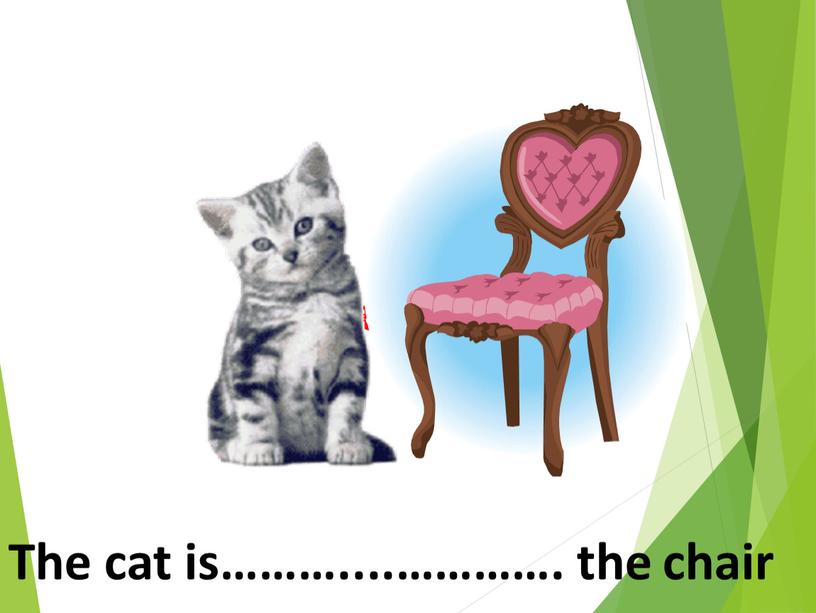 The cat is………....…………. the chair on the left of