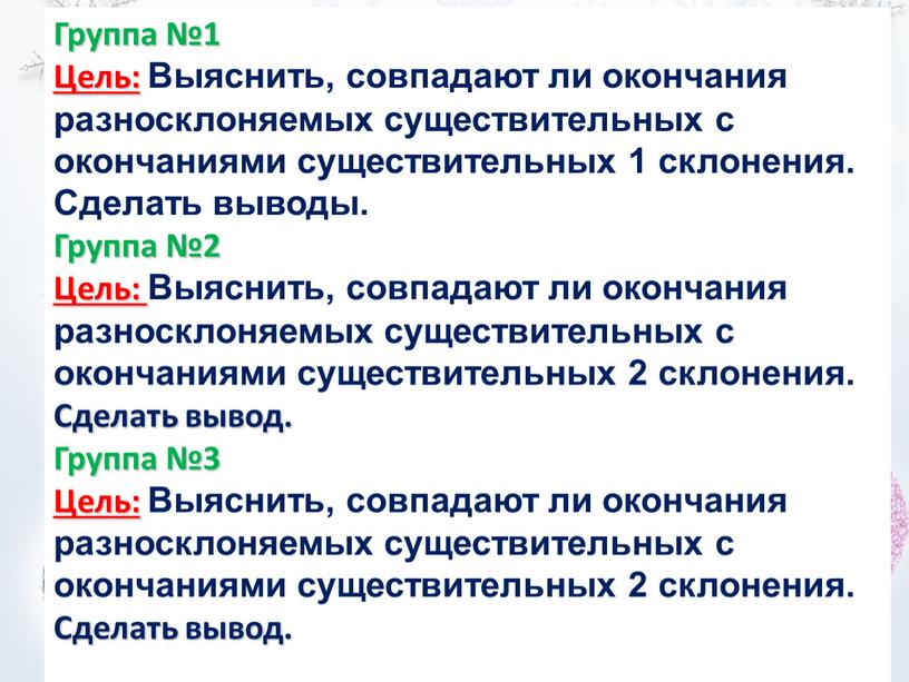 Группа №1 Цель: Выяснить, совпадают ли окончания разносклоняемых существительных с окончаниями существительных 1 склонения