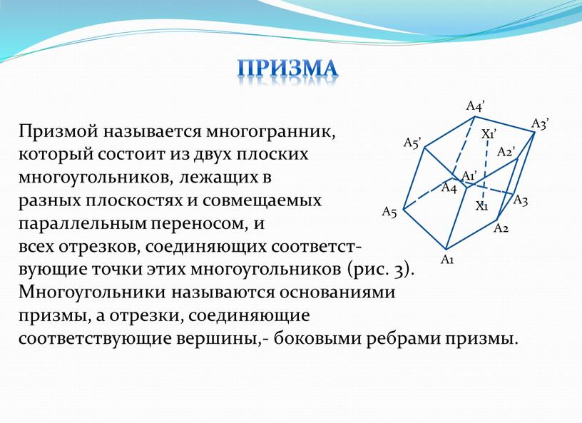 Призма Призмой называется многогранник, который состоит из двух плоских многоугольников, лежащих в разных плоскостях и совмещаемых параллельным переносом, и всех отрезков, соединяющих соответст- вующие точки…
