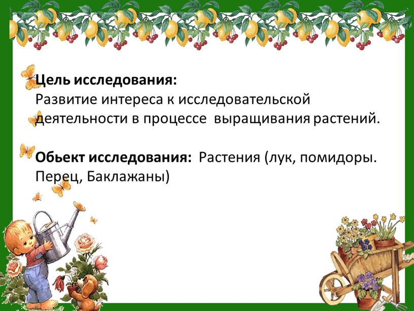 Цель исследования: Развитие интереса к исследовательской деятельности в процессе выращивания растений