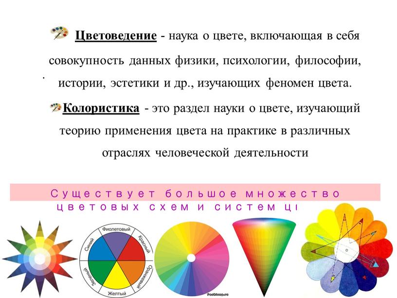 Цветоведение - наука о цвете, включающая в себя совокупность данных физики, психологии, философии, истории, эстетики и др