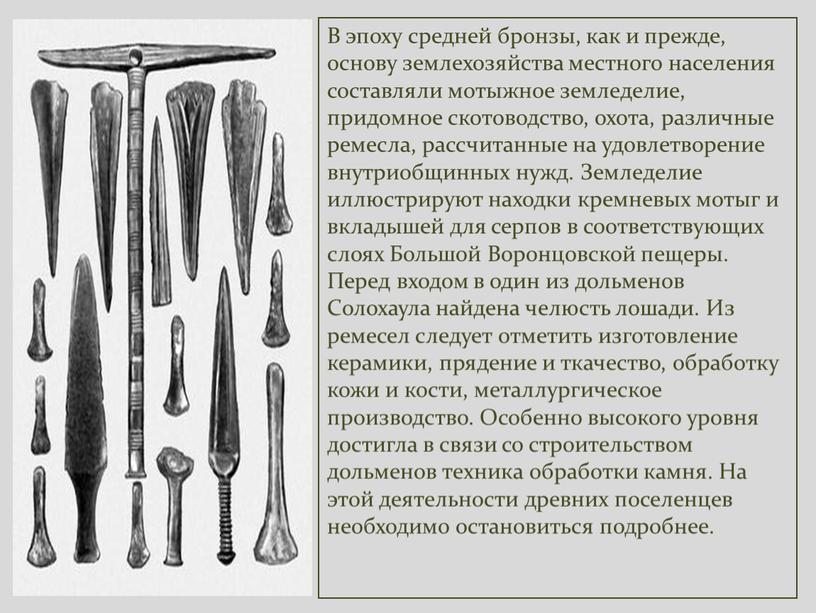 В эпоху средней бронзы, как и прежде, основу землехозяйства местного населения составляли мотыжное земледелие, придомное скотоводство, охота, различные ремесла, рассчитанные на удовлетворение внутриобщинных нужд