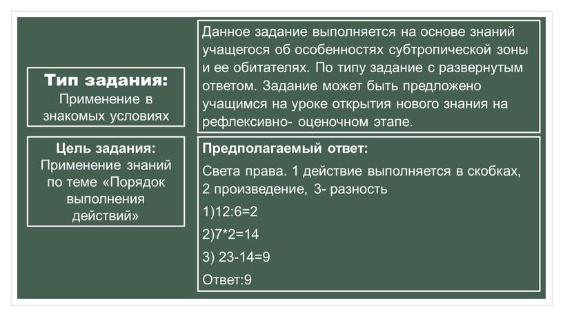 Данное задание выполняется на основе знаний учащегося об особенностях субтропической зоны и ее обитателях