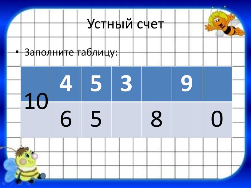 Устный счет Заполните таблицу: 4 5 3 9 6 5 8 0 10