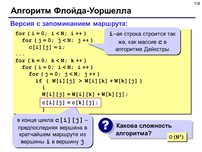 Алгоритм Флойда-Уоршелла Версия с запоминанием маршрута: for ( i = 0; i <