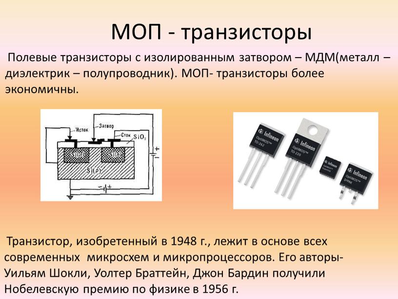 МОП - транзисторы Полевые транзисторы с изолированным затвором –