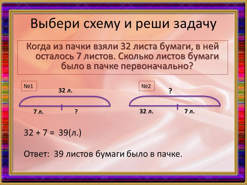 Выбери схему и реши задачу Когда из пачки взяли 32 листа бумаги, в ней осталось 7 листов