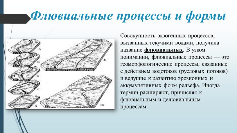 Флювиальные процессы и формы Совокупность экзогенных процессов, вызванных текучими водами, получила название флювиальных