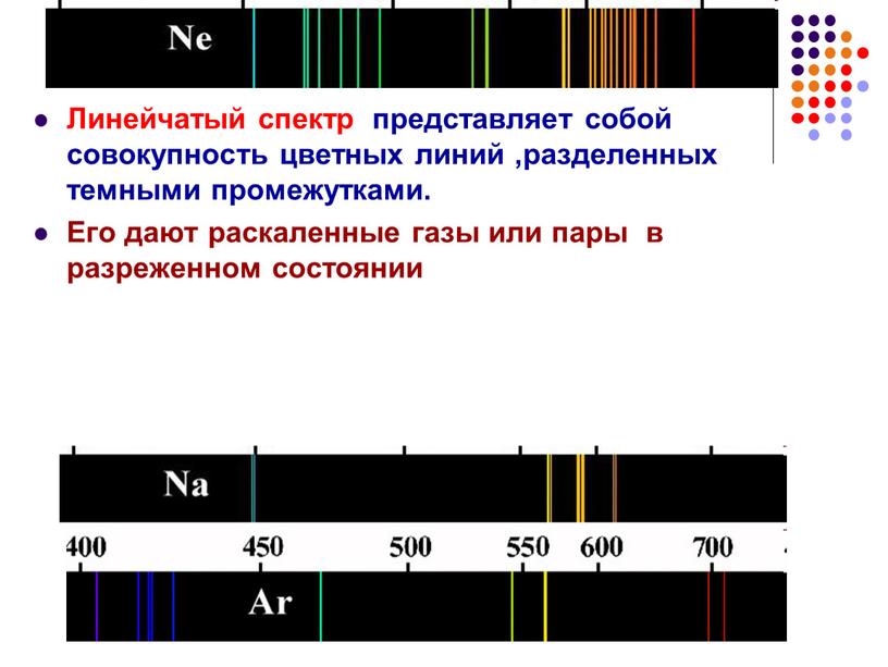 Линейчатый спектр представляет собой совокупность цветных линий ,разделенных темными промежутками