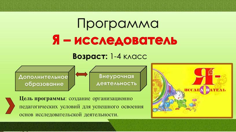 Программа Я – исследователь Цель программы : создание организационно педагогических условий для успешного освоения основ исследовательской деятельности