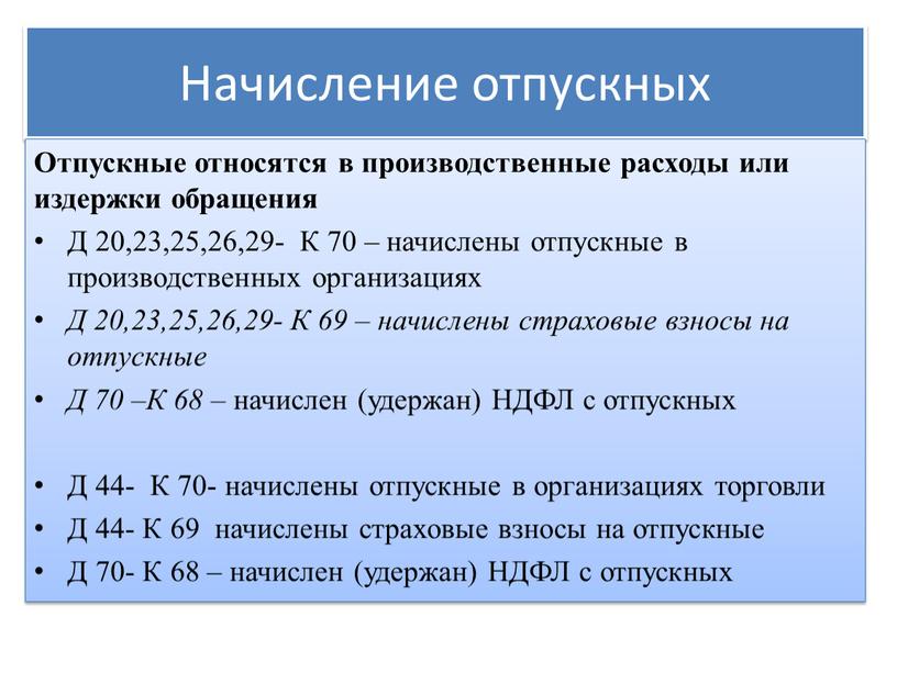 Начисление отпускных Отпускные относятся в производственные расходы или издержки обращения