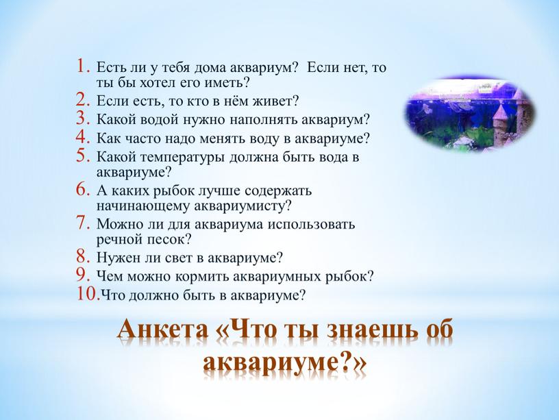 Анкета «Что ты знаешь об аквариуме?»