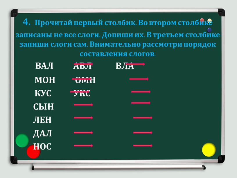 Прочитай первый столбик. Во втором столбике записаны не все слоги