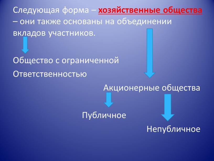 Следующая форма – хозяйственные общества – они также основаны на объединении вкладов участников