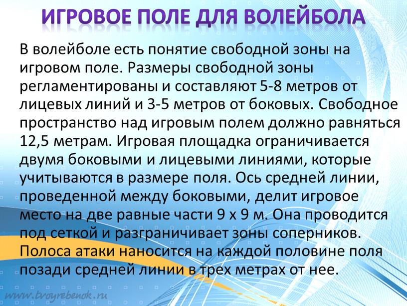 Игровое поле для волейбола В волейболе есть понятие свободной зоны на игровом поле