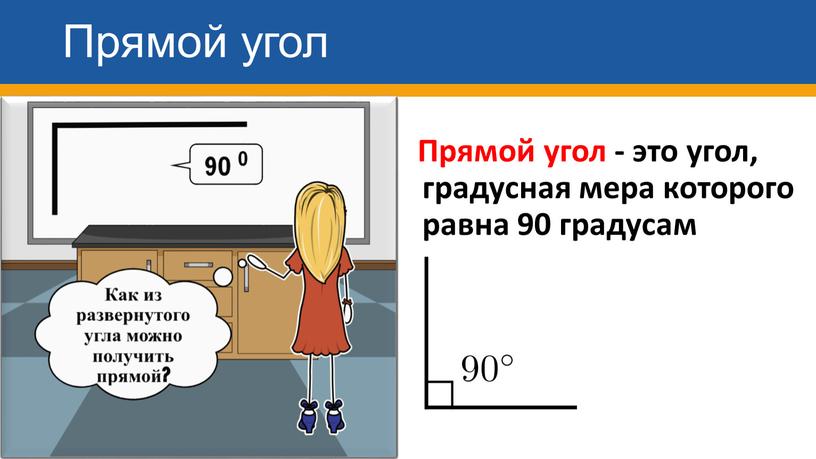 Прямой угол Прямой угол - это угол, градусная мера которого равна 90 градусам