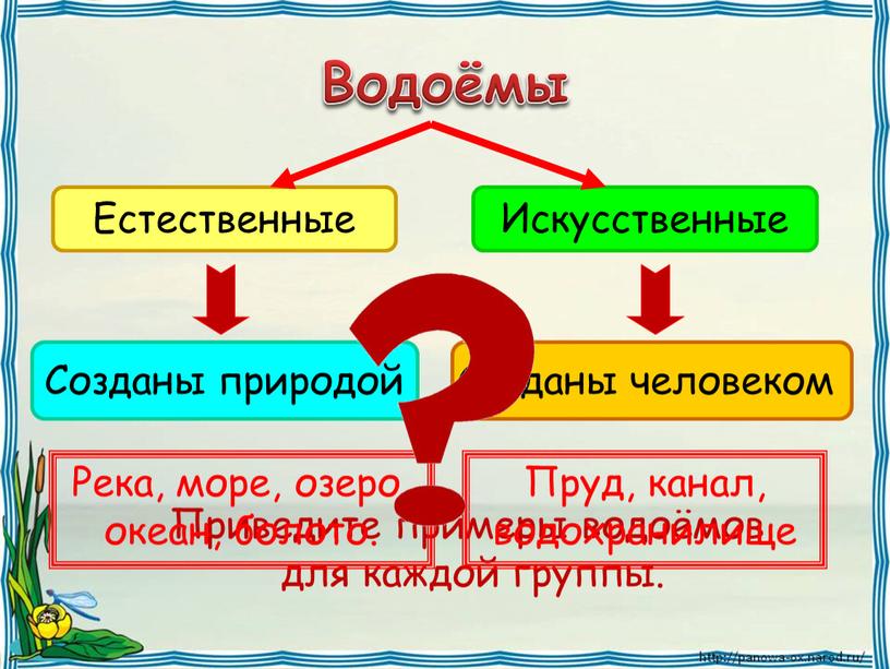 Водоёмы Приведите примеры водоёмов для каждой группы