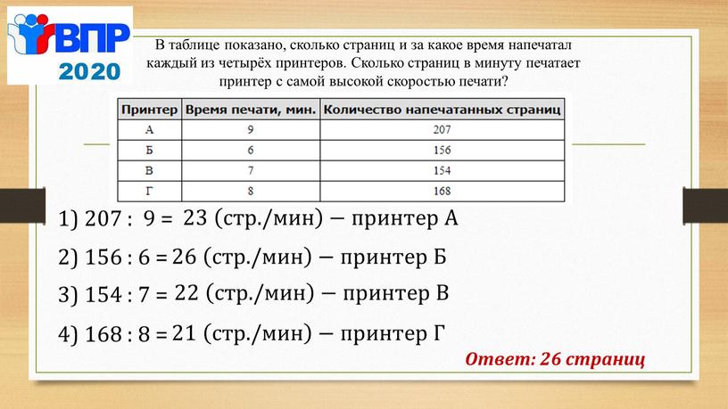 А Ответ: 26 страниц В таблице показано, сколько страниц и за какое время напечатал каждый из четырёх принтеров