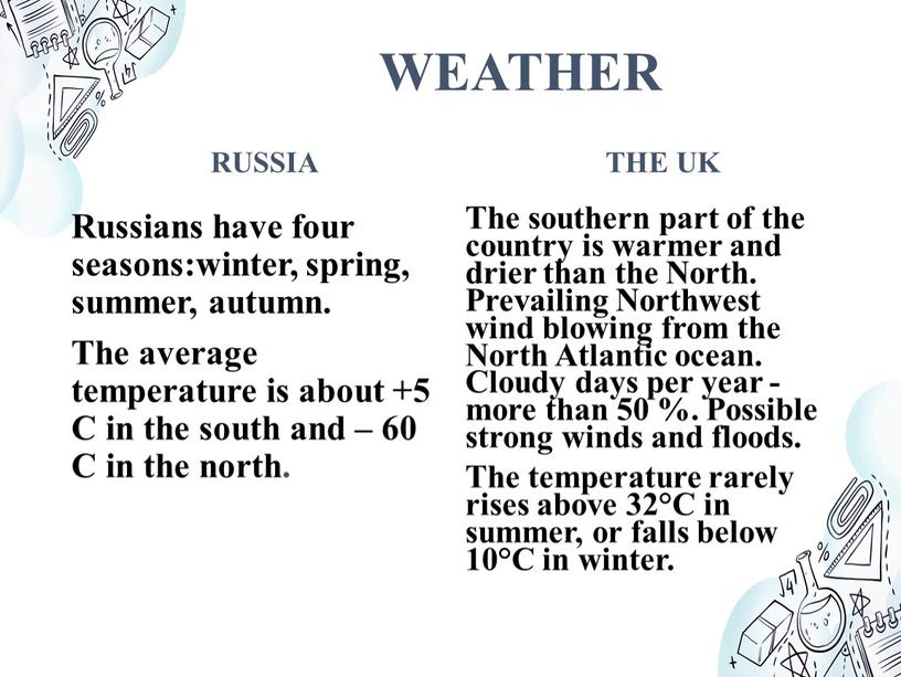 WEATHER RUSSIA Russians have four seasons:winter, spring, summer, autumn