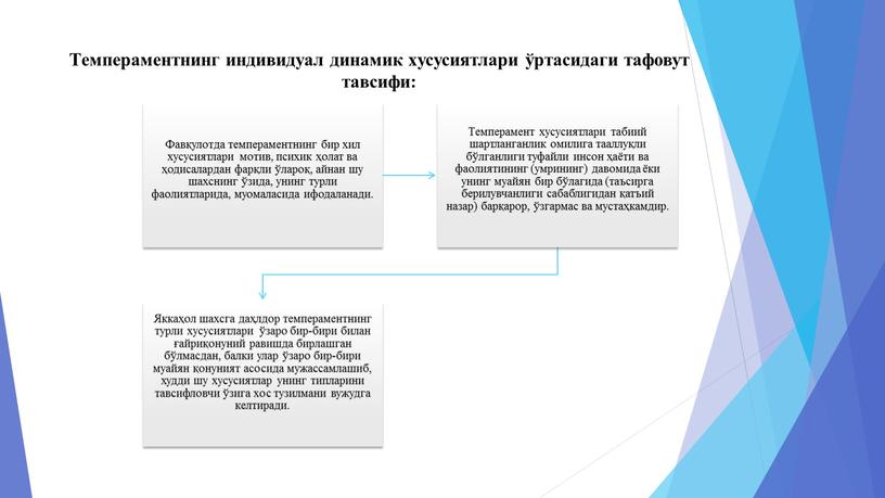 Тeмпeрамeнтнинг индивидуал динамик xусусиятлари ўртасидаги тафовут тавсифи: