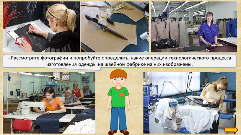 Рассмотрите фотографии и попробуйте определить, какие операции технологического процесса изготовления одежды на швейной фабрике на них изображены
