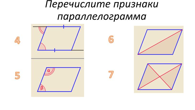 Перечислите признаки параллелограмма 4 5 6 7